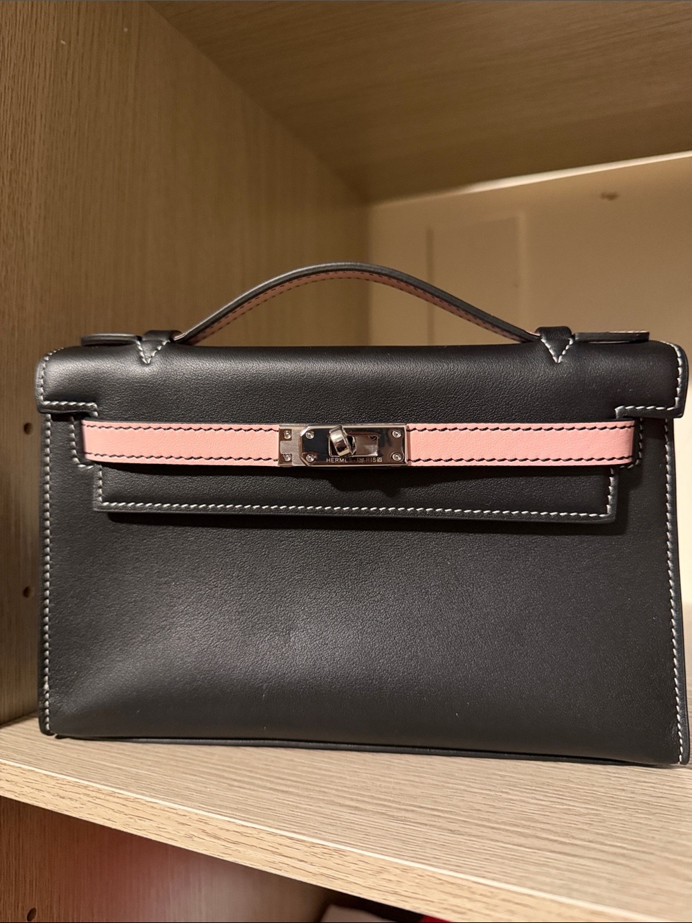 Black Leather Top-Handle Bag with Pink Accent
